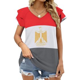 AILLOSA FLAG-135 V Yakalı Fırfırlı Baskılı Kadın T-shirt