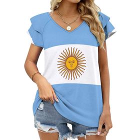 AILLOSA FLAG-138 V Yakalı Fırfırlı Baskılı Kadın T-shirt