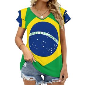 AILLOSA FLAG-139 V Yakalı Fırfırlı Baskılı Kadın T-shirt