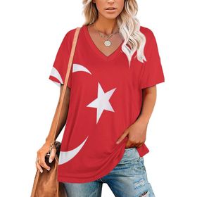AILLOSA FLAG-141 Tamamı Baskılı V Yaka Kısa Kollu Kadın T-shirt
