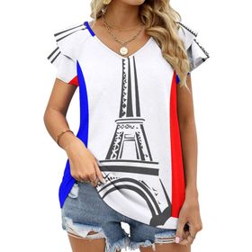 AILLOSA FLAG-151 V Yakalı Fırfırlı Baskılı Kısa Kollu Kadın T-shirt