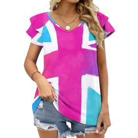 AILLOSA FLAG-152 V Yakalı Fırfırlı Baskılı Kısa Kollu Kadın T-shirt