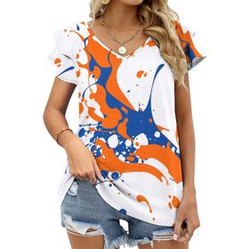 AILLOSA FLAG-154 V Yakalı Fırfırlı Baskılı Kısa Kollu Kadın T-shirt