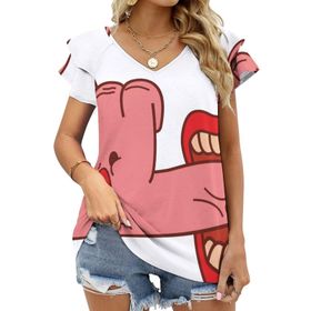 AILLOSA FLAG-156 V Yakalı Fırfırlı Baskılı Kısa Kollu Kadın T-shirt