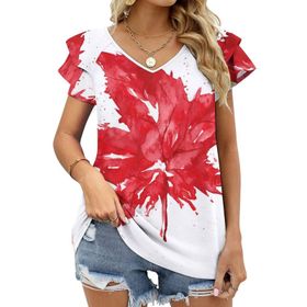 AILLOSA FLAG-157 V Yakalı Fırfırlı Baskılı Kısa Kollu Kadın T-shirt