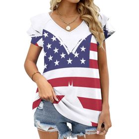 AILLOSA FLAG-158 V Yakalı Fırfırlı Baskılı Kısa Kollu Kadın T-shirt