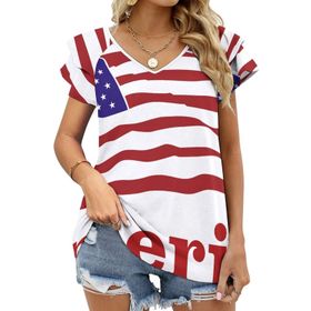 AILLOSA FLAG-159 V Yakalı Fırfırlı Baskılı Kısa Kollu Kadın T-shirt