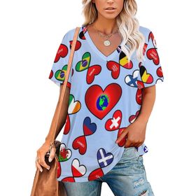 AILLOSA FLAG-16 Tamamı Baskılı V Yaka Kısa Kollu Kadın T-shirt