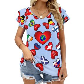 AILLOSA FLAG-16 V Yakalı Fırfırlı Baskılı Kısa Kollu Kadın T-shirt