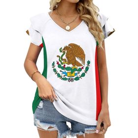 AILLOSA FLAG-160 V Yakalı Fırfırlı Baskılı Kısa Kollu Kadın T-shirt