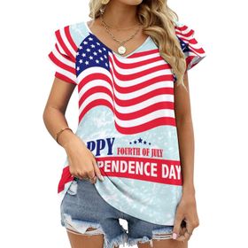 AILLOSA FLAG-161 V Yakalı Fırfırlı Baskılı Kısa Kollu Kadın T-shirt