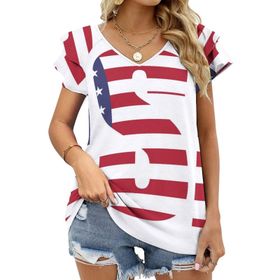 AILLOSA FLAG-164 V Yakalı Fırfırlı Baskılı Kısa Kollu Kadın T-shirt