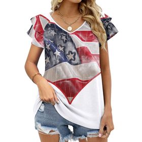 AILLOSA FLAG-166 V Yakalı Fırfırlı Baskılı Kısa Kollu Kadın T-shirt