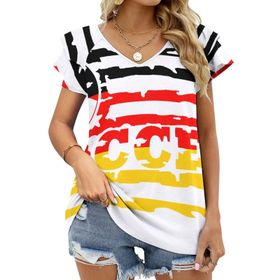 AILLOSA FLAG-168 V Yakalı Fırfırlı Baskılı Kısa Kollu Kadın T-shirt