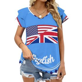 AILLOSA FLAG-17 V Yakalı Fırfırlı Baskılı Kısa Kollu Kadın T-shirt