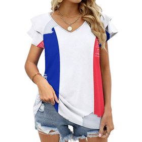 AILLOSA FLAG-173 V Yakalı Fırfırlı Baskılı Kısa Kollu Kadın T-shirt