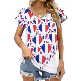AILLOSA FLAG-174 V Yakalı Fırfırlı Baskılı Kısa Kollu Kadın T-shirt