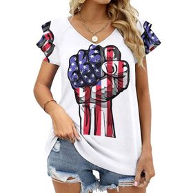AILLOSA FLAG-181 V Yakalı Fırfırlı Baskılı Kısa Kollu Kadın T-shirt