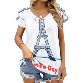 AILLOSA FLAG-182 V Yakalı Fırfırlı Baskılı Kısa Kollu Kadın T-shirt