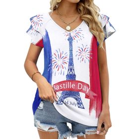 AILLOSA FLAG-183 V Yakalı Fırfırlı Baskılı Kısa Kollu Kadın T-shirt
