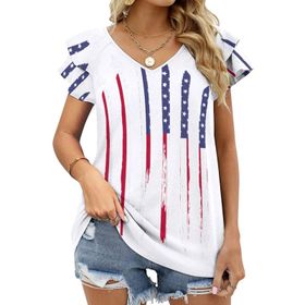 AILLOSA FLAG-185 V Yakalı Fırfırlı Baskılı Kısa Kollu Kadın T-shirt