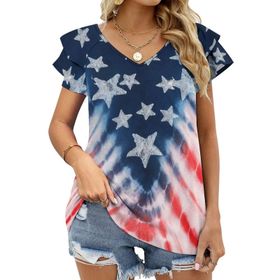 AILLOSA FLAG-186 V Yakalı Fırfırlı Baskılı Kısa Kollu Kadın T-shirt