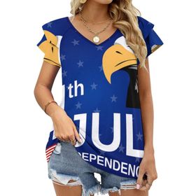 AILLOSA FLAG-187 V Yakalı Fırfırlı Baskılı Kısa Kollu Kadın T-shirt