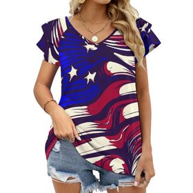 AILLOSA FLAG-19 V Yakalı Fırfırlı Baskılı Kısa Kollu Kadın T-shirt