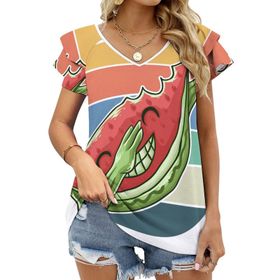 AILLOSA FLAG-192 V Yakalı Fırfırlı Baskılı Kısa Kollu Kadın T-shirt