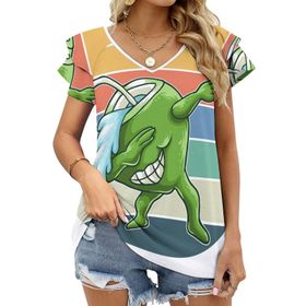 AILLOSA FLAG-200 V Yakalı Fırfırlı Baskılı Kısa Kollu Kadın T-shirt