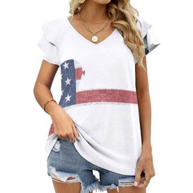 AILLOSA FLAG-21 V Yakalı Fırfırlı Baskılı Kısa Kollu Kadın T-shirt