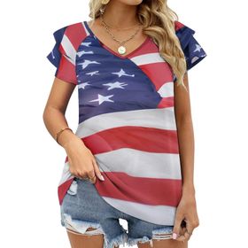 AILLOSA FLAG-23 V Yakalı Fırfırlı Baskılı Kısa Kollu Kadın T-shirt
