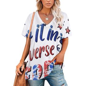 AILLOSA FLAG-24 Tamamı Baskılı V Yaka Kısa Kollu Kadın T-shirt