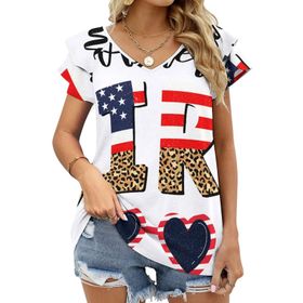 AILLOSA FLAG-25 V Yakalı Fırfırlı Baskılı Kısa Kollu Kadın T-shirt