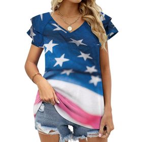 AILLOSA FLAG-27 V Yakalı Fırfırlı Baskılı Kısa Kollu Kadın T-shirt