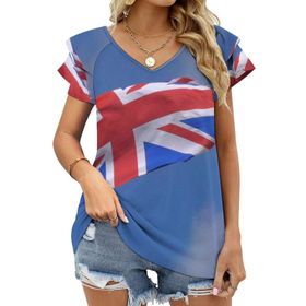 AILLOSA FLAG-28 V Yakalı Fırfırlı Baskılı Kısa Kollu Kadın T-shirt