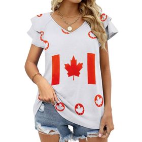 AILLOSA FLAG-29 V Yakalı Fırfırlı Baskılı Kısa Kollu Kadın T-shirt