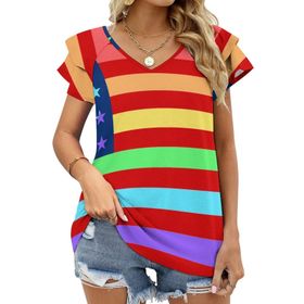 AILLOSA FLAG-31 V Yakalı Fırfırlı Baskılı Kısa Kollu Kadın T-shirt