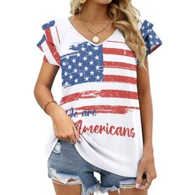 AILLOSA FLAG-33 V Yakalı Fırfırlı Baskılı Kısa Kollu Kadın T-shirt