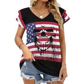 AILLOSA FLAG-36 V Yakalı Fırfırlı Baskılı Kısa Kollu Kadın T-shirt