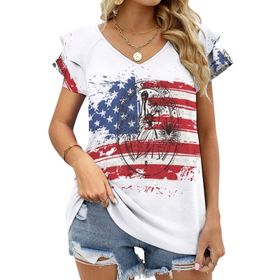 AILLOSA FLAG-38 V Yakalı Fırfırlı Baskılı Kısa Kollu Kadın T-shirt