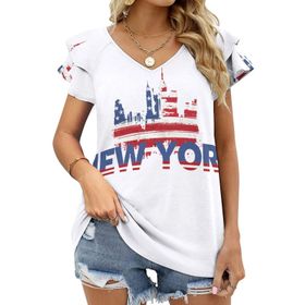 AILLOSA FLAG-39 V Yakalı Fırfırlı Baskılı Kısa Kollu Kadın T-shirt