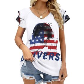 AILLOSA FLAG-41 V Yakalı Fırfırlı Baskılı Kısa Kollu Kadın T-shirt