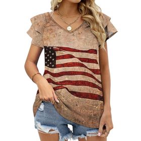 AILLOSA FLAG-42 V Yakalı Fırfırlı Baskılı Kısa Kollu Kadın T-shirt