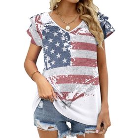 AILLOSA FLAG-48 V Yakalı Fırfırlı Baskılı Kısa Kollu Kadın T-shirt
