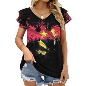 AILLOSA FLAG-51 V Yakalı Fırfırlı Baskılı Kısa Kollu Kadın T-shirt