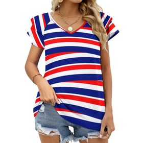 AILLOSA FLAG-56 V Yakalı Fırfırlı Baskılı Kısa Kollu Kadın T-shirt