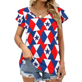 AILLOSA FLAG-57 V Yakalı Fırfırlı Baskılı Kısa Kollu Kadın T-shirt