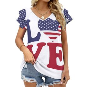 AILLOSA FLAG-58 V Yakalı Fırfırlı Baskılı Kısa Kollu Kadın T-shirt
