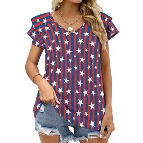 AILLOSA FLAG-59 V Yakalı Fırfırlı Baskılı Kısa Kollu Kadın T-shirt